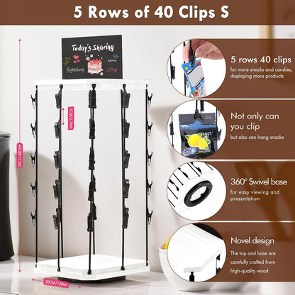 Pinzoveco Chip Rack Display Stand, 5 Tiers 40 Clips Snack Organizer for Office Desk, 360° Rotating Wooden Base Chip Holder Candy Display for Concession Stand, Countertop, Party, With Message Board