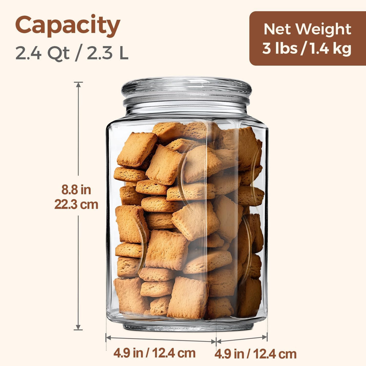 ComSaf 64 oz Glass Flour and Sugar Storage Containers Set of 2, Wide Mouth 1/2 Gallon Square Airtight Pantry Jars with Lids, Space-Saving Minimalist Kitchen Organization