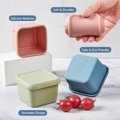 ISSEVE 6oz Silicone Snack Containers for Kids, Reusable Small Containers with Lids, Leak Proof Silicone Food Storage Containers, Stackable Kids Lunch Box for Daycare, School, Travel