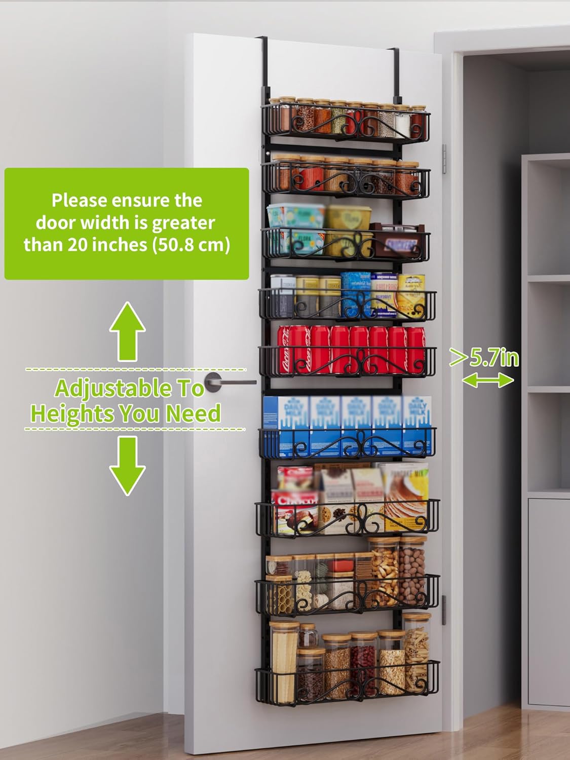 6-Tier Over the Door Pantry Organizer, Pantry Organization And Storage, Hanging Storage Organizer Spice Rack Metal Shelving for Home & Kitchen, Office Laundry Room Bathroom Black
