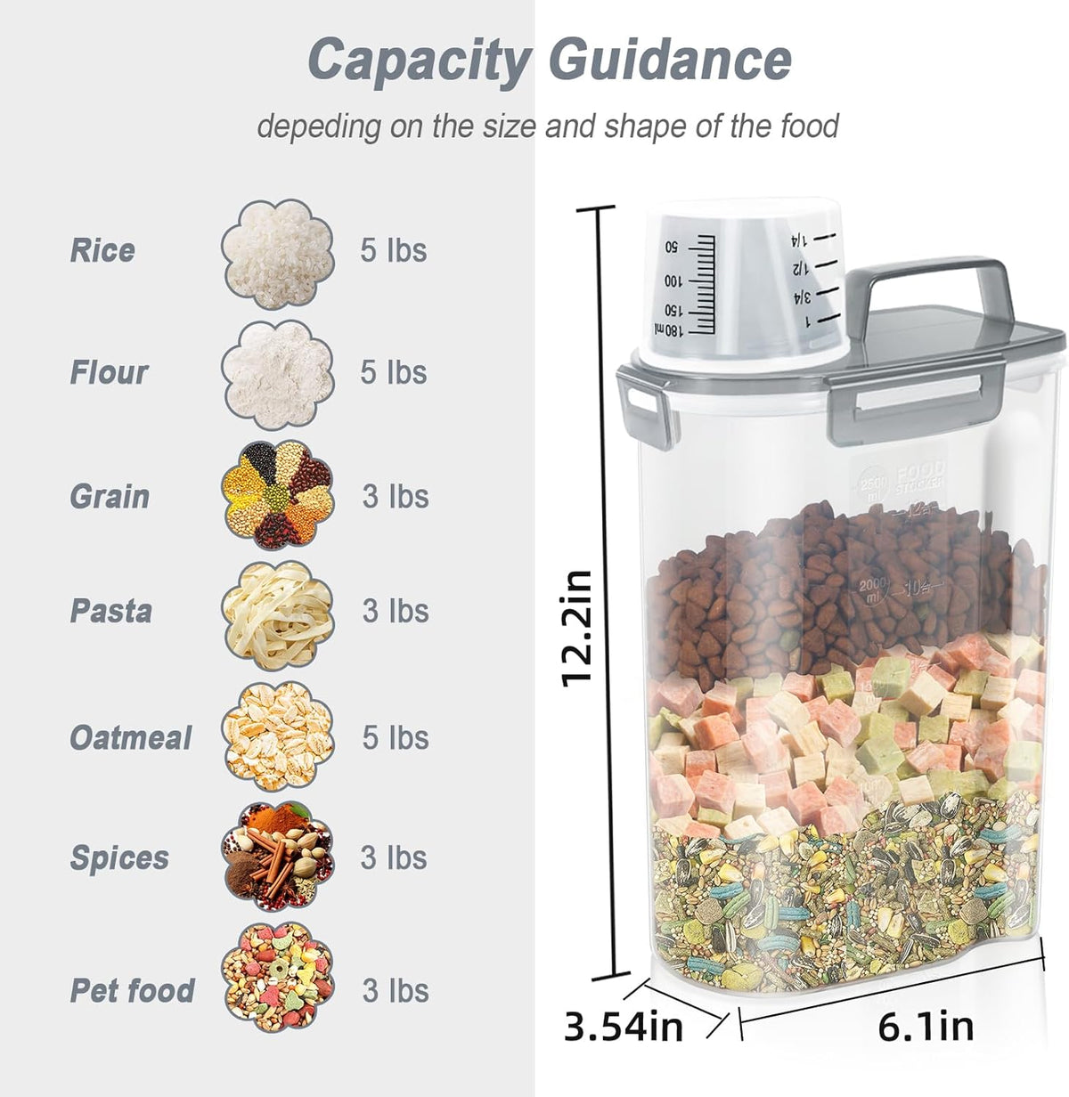 LEAWALK Airtight 4 LBS Rice/Cereal/Dry Food Storage Container BPA Free, 2.11Qt Clear Plastic Kitchen and Pantry Organization Bin Suitable for Oats, Flour, Sugar, Pasta, Pet Food, etc (Clear Grey)