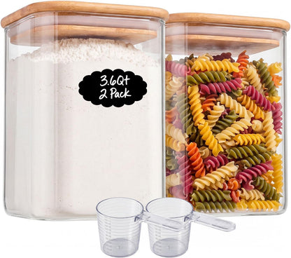 3-Pack 2.2Qt Square Glass Spaghetti Jars with Bamboo Lids, Tall Food Storage Containers for Pantry Organization, Elegant Kitchen Storage Canister for Pasta, Penne, Macaroni, Lasagna, Fusilli