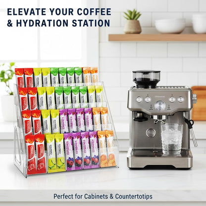 3-Tier Acrylic Drink Packet Organizer with 15 Compartments, Sugar Packets Drink Mix Organizer, Water Flavor Packet Holder for Kitchen Pantry Cabinet Storage,Coffee Station