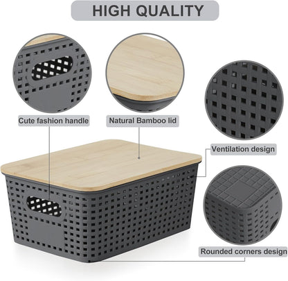 Bagnizer Small Plastic Storage Bins with Bamboo Lids 5.2qt Stackable Box Basket Pantry Decorative Containers Cute with Labels for Organizing Desktop Closet Office Cream White of 10*7.2*4.1"