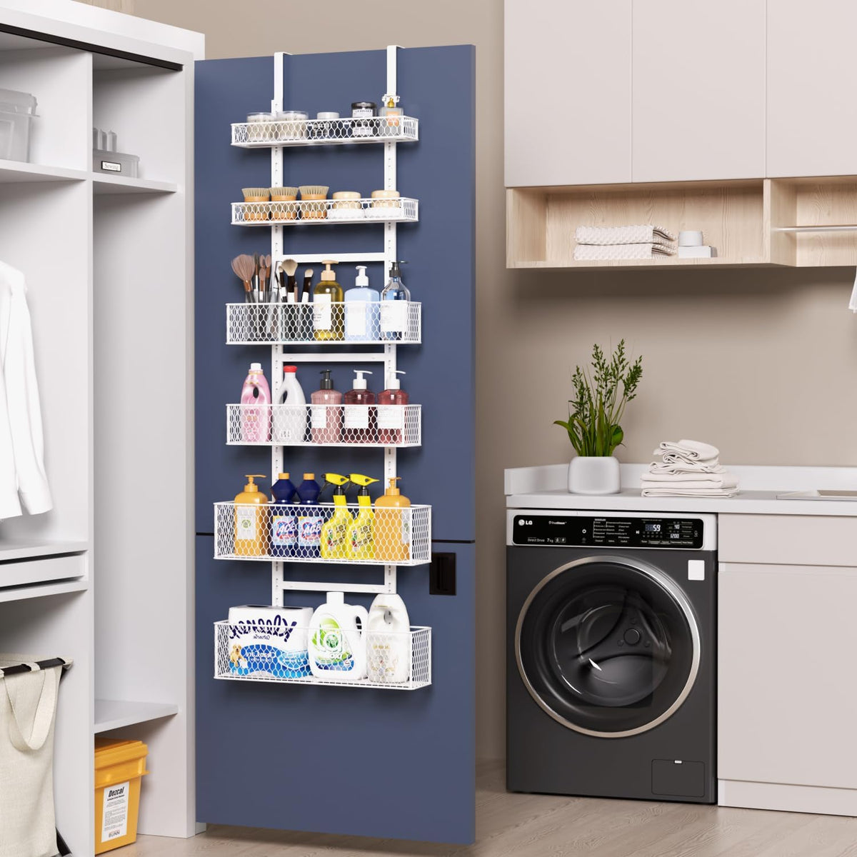 Bunoxea 6-Tier Over The Door Pantry Organizer,Hanging Spice Rack,Over Door Adjustable Basket with Handle,Pantry Organization And Storage, Laundry Room,Bathroom,Large Capacity,D5.3xW15.7xH60.9in