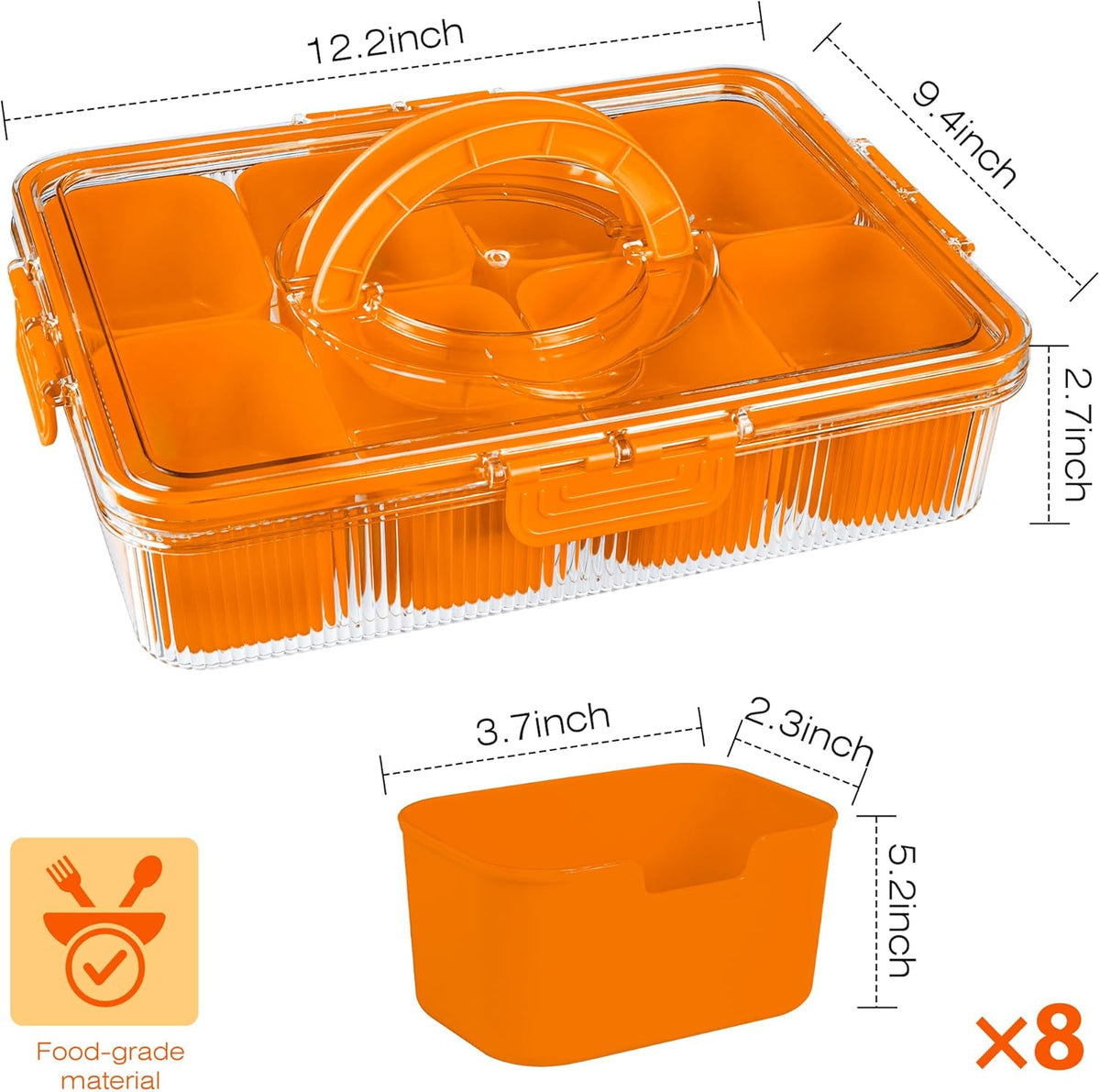 Patent Design Ribbed Snackle Box Container Snack Container Divided Serving Tray with Lid and Handle, 8 Divider Portable Snacklebox for Travel Beach for Charcuterie Veggie Fruit Candy,1 Pack