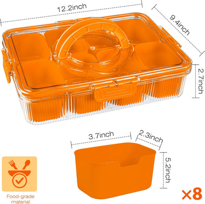 Patent Design Ribbed Snackle Box Container Snack Container Divided Serving Tray with Lid and Handle, 8 Divider Portable Snacklebox for Travel Beach for Charcuterie Veggie Fruit Candy,1 Pack