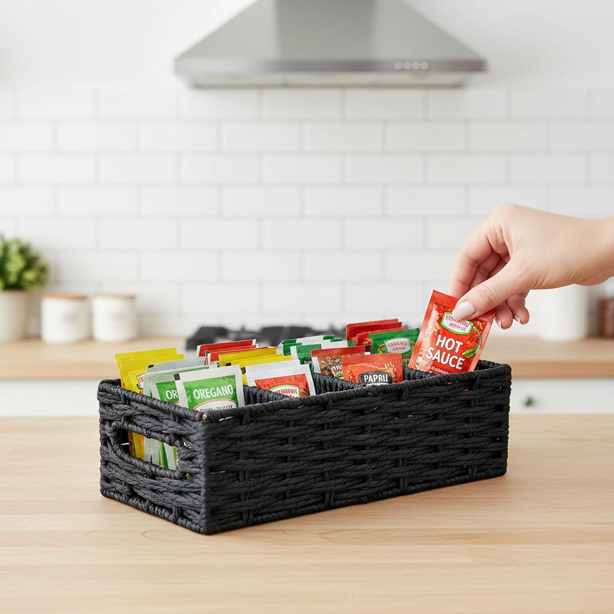4-Compartment Seasoning Packet Organizer with Removable Dividers, Kitchen Packet Organizer for Spice, Gravy, Taco and Dressing Packets, Pantry Cabinet Countertop Storage Box