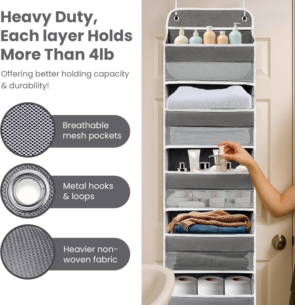 Over The Door Organizer with LifetimeWarranty, 4 Shelves & 4 Side Pockets, Large Storage Rack Holds 44lb, Heavy-Duty Reinforced Mesh Shelf for Bathroom, Closet, Toy Organization, Shoes, Towels, Grey