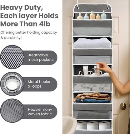 Over The Door Organizer with LifetimeWarranty, 4 Shelves & 4 Side Pockets, Large Storage Rack Holds 44lb, Heavy-Duty Reinforced Mesh Shelf for Bathroom, Closet, Toy Organization, Shoes, Towels, Grey