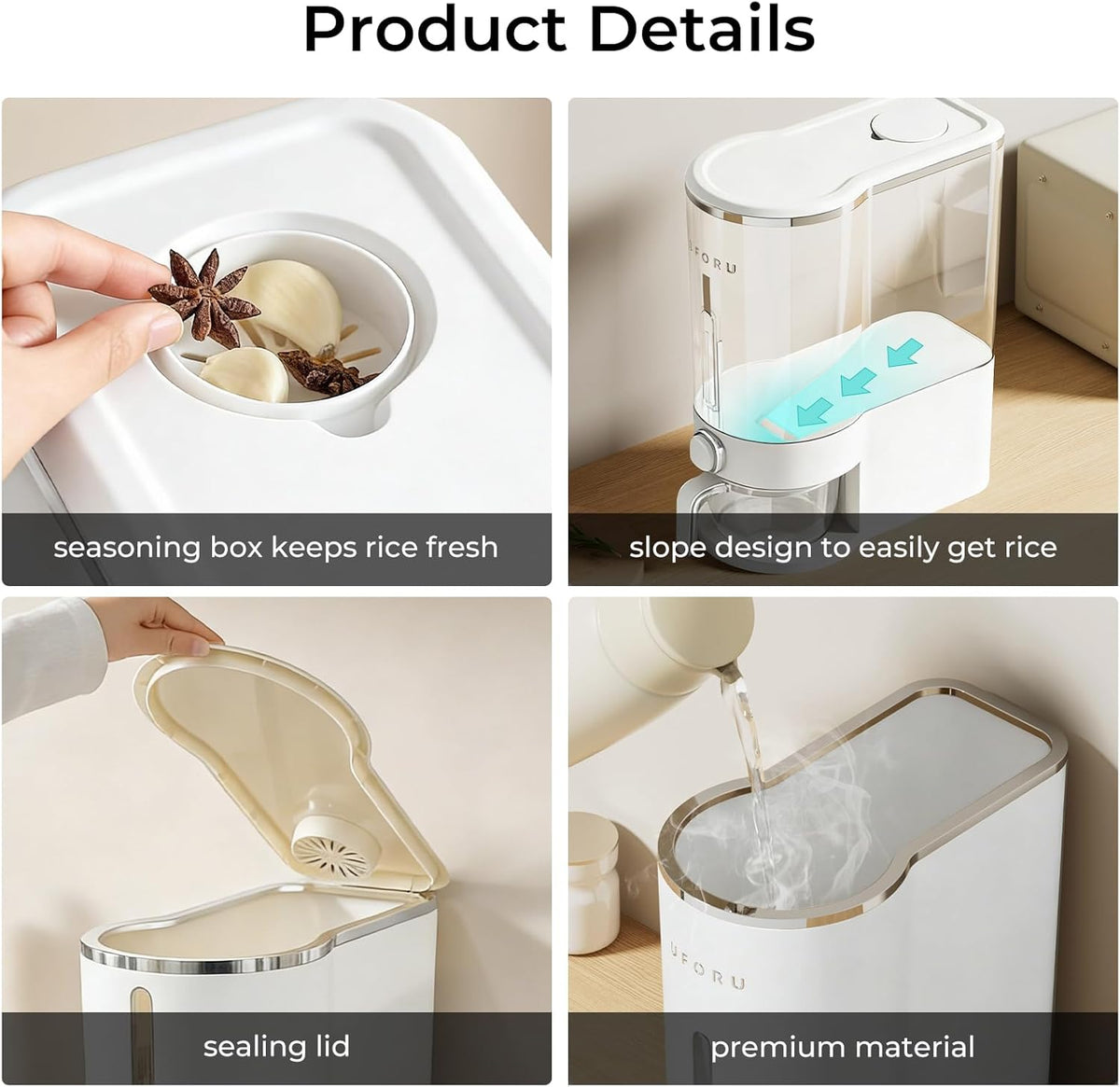 UFORU Rice Dispenser, Rice Storage Container with Measuring Cup for Kitchen Pantry Household, Cereal Dry Food Storage Containers Airtight, Sealed Moisture Proof (Brown 11 Lbs)