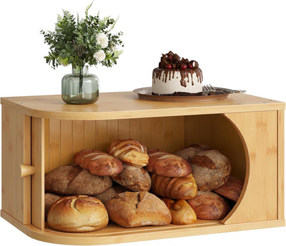 HOOBRO Bread Box, Bamboo Bread Box for Kitchen Countertop, Corner Bread Box with Roller Door, Bread Storage Container, Bamboo Food Storage Cabinet, for Kitchen, Dining Room, Natural YL20MB01