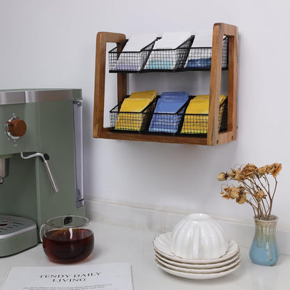 HTB 2 Tier Tea Organizer for Tea Bags, Tea Bag Holder with Acacia Wood Stand and 6 Removable Metal Basket for Sugar Packets, Sweeteners, Creamers for Cabinet, Countertop or Wall-mounted
