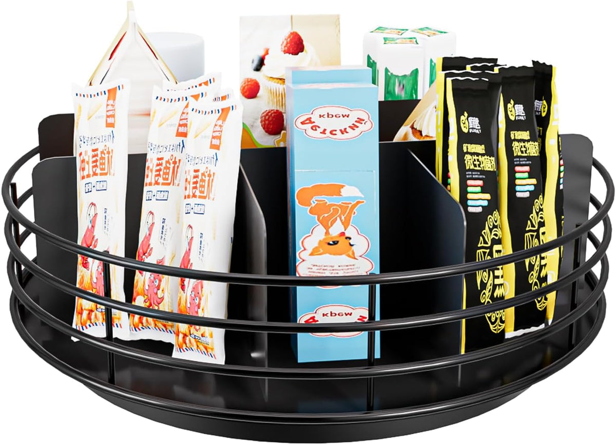 Snack Organizer - Versatile Snack Storage 2 Tier Lazy Susan with Convenient Grab-and-Go Design, Wood and Metal Snack Holder for Home, Office, Breakroom, 12.13" L x 12.13" W x 12.56" H