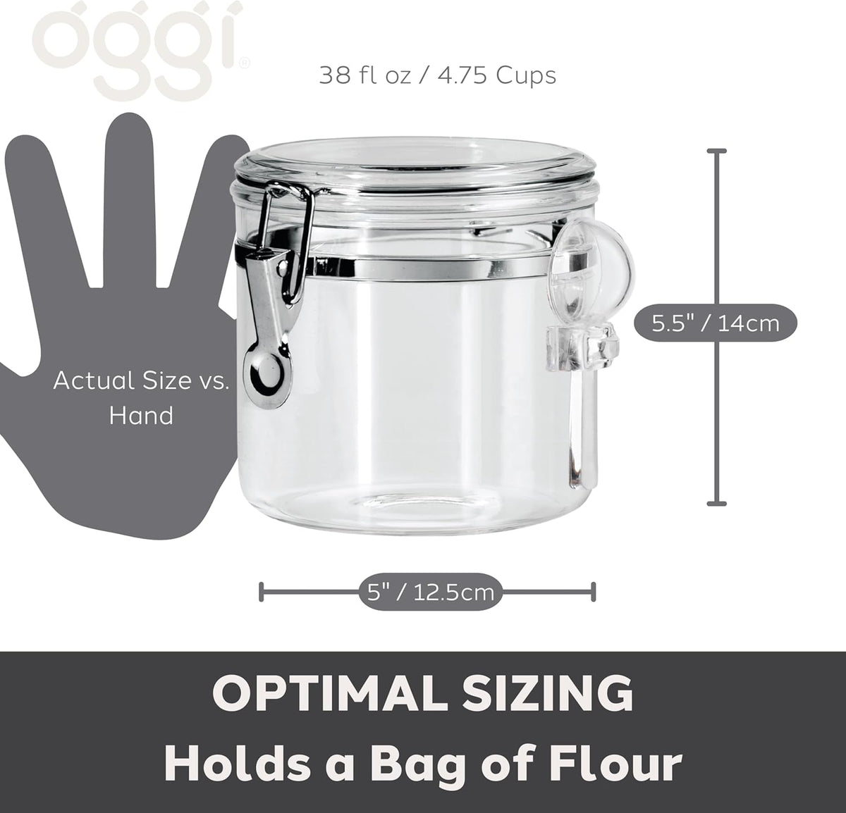 OGGI Clear Canister Airtight 28oz - Clamp Lid & Spoon - Airtight Food Storage Containers, Ideal for Kitchen & Pantry Storage of Bulk, Dry Food Including Flour, Sugar, Coffee, Rice, Tea, Spices & Herbs