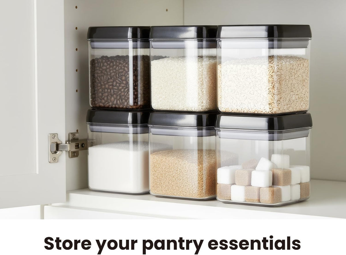 Felli Flip Tite Storage Container with Built-In Spoon & Airtight Lid 5” Large-M Ring Flip Top, Stackable Acrylic Canister for Sugar Flour Powder, Kitchen Pantry Organizer (1.8qt), 2 spoons