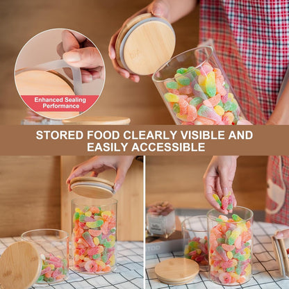 YUNCANG Glass Storage Jars 6 Pack 37oz Clear Glass Food Storage Containers with Airtight Bamboo Lid Stackable Kitchen Canisters for Candy,Cookie,Rice,Sugar,Flour,Pasta,Nuts and Spice Jars(Square)