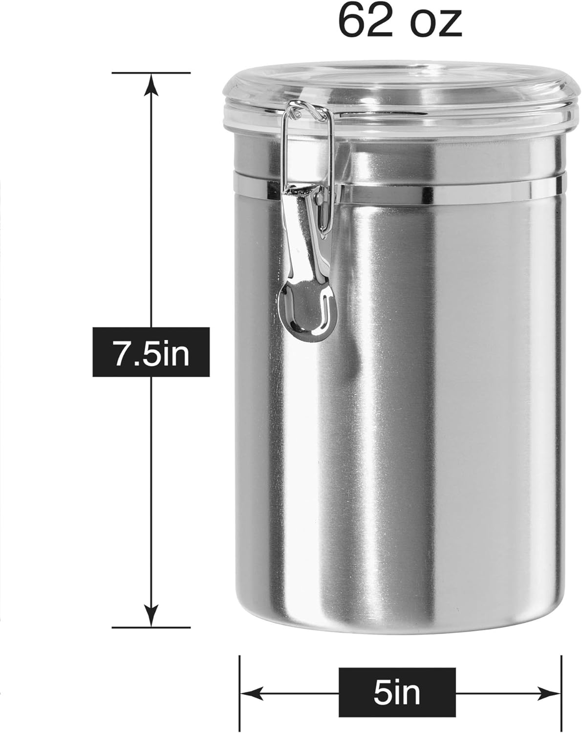 Oggi Stainless Steel Kitchen Canister 152 fl oz - Airtight Clamp Lid, Clear See-Thru Top - Ideal for Kitchen Storage, Food Storage, Pantry Storage. Jumbo Size 8" x 8".