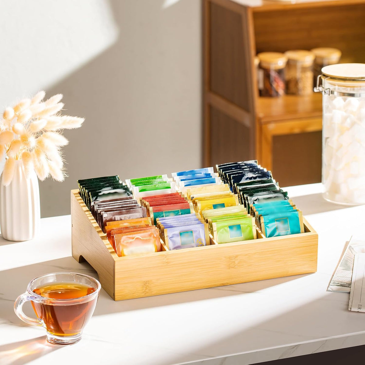TIMIEEYA Tea Bag Organizer - Bamboo Tea Storage Organizer With Drawer 2 Layer, Tea Organizer for Tea Bags Natural Wood & Acrylic for Countertop Office Kitchen Cabinet Pantry