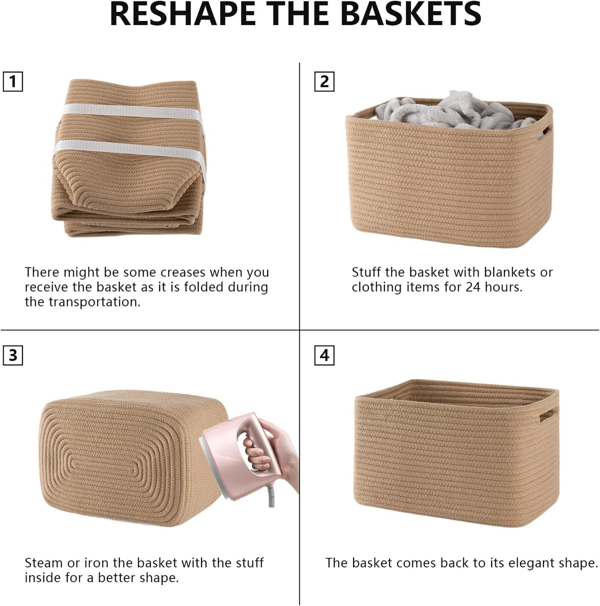 4 Pack Storage Baskets for Organizing, Woven Baskets for Shelves - Perfect for Toys, Books, Towels, and Clothes, Durable Gift Basket Bins Toy Storage, 12.7''Lx9''Wx7.8''H, Brown & White