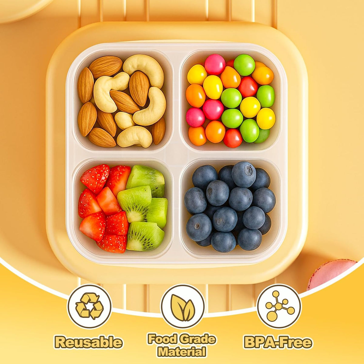 Canfanni 6 Pcs Snack Box Container Set, Reusable 3&4 Compartment Meal Prep Snack Containers for Adults Kids Toddler, BPA-Free Divided Lunchable Container for School, Work and Travel (5 Color)