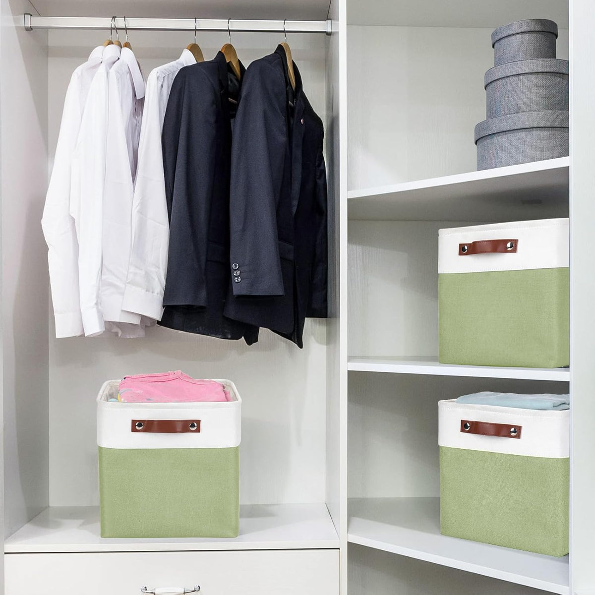 Bagnizer Large Fabric Storage Baskets | 50L Storage Bins, Decorative Linen Closet Baskets with Handles for Organizing, Shelf, Toys, Clothes, Home, Office, Nursery, 17x12x15Inches (Grey&White)