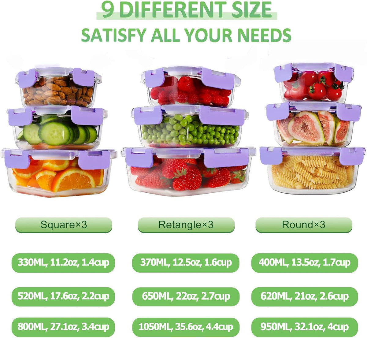 HOMBERKING 18 Piece Glass Food Storage Containers with Lids, Glass Meal Prep Containers, Airtight Lunch Bento Boxes, BPA-Free & Leak Proof, Oven, Freezer and Dishwasher Safe (9 lids & 9 Containers)