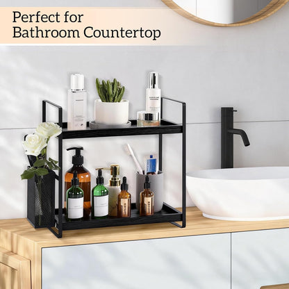 LEMIKKLE 2-Tier Coffee Bar Organizer With Basket,Wooden Counter Shelf for Coffee Bar Accessories,Kitchen Spice Rack Organizer for Countertop-Brown