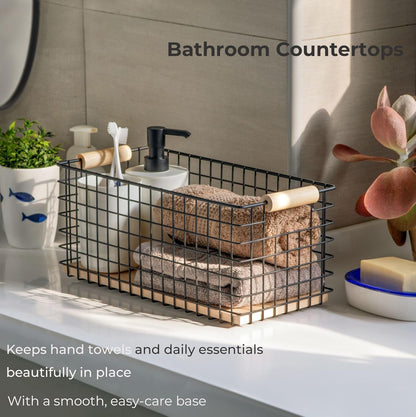 Wire Storage Baskets with Solid Wood Handles, Set of 2 – Metal Organizer Basket with MDF Base for Kitchen Countertop, Bathroom, Pantry, Entryway, Office | 12.8” x 6.25” | Black