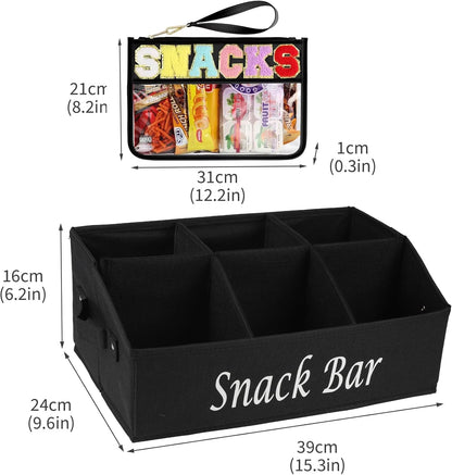 Snack Organizer with Snack Bag, Fabric Snack Basket with Handles, 6 Compartments Snack Container Storage, Clear Snack Bag for Travel Waterproof, Kitchen Pantry Organizer and Storage - Black