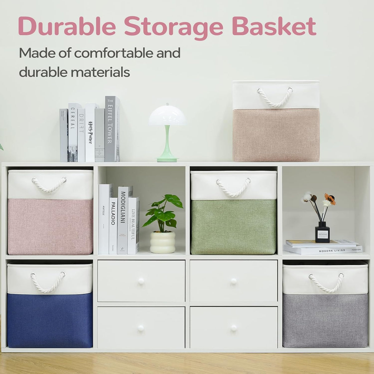 Large Storage Baskets- 15.7x11.8x8.26 inch Storage Bins for Shelves and Closet Organizing, Foldable Fabric Bin for Home Organization Clothes and Laundry (3-Pack, White&Khaki)