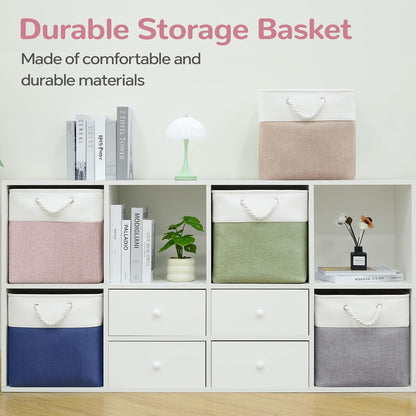 Large Storage Baskets- 15.7x11.8x8.26 inch Storage Bins for Shelves and Closet Organizing, Foldable Fabric Bin for Home Organization Clothes and Laundry (3-Pack, White&Khaki)