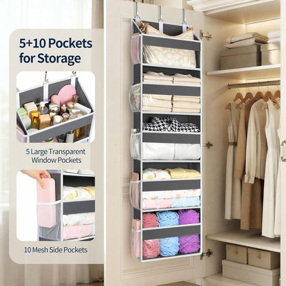 Yecaye Over the Door Organizer 5 Tiers, Heavy Duty Hanging Storage with 5 Large Clear PVC Pockets and 10 Side Pockets, 56lbs Capacity for Closet Door Bathroom Bedroom Nursery Dorm Laundry Room, Grey