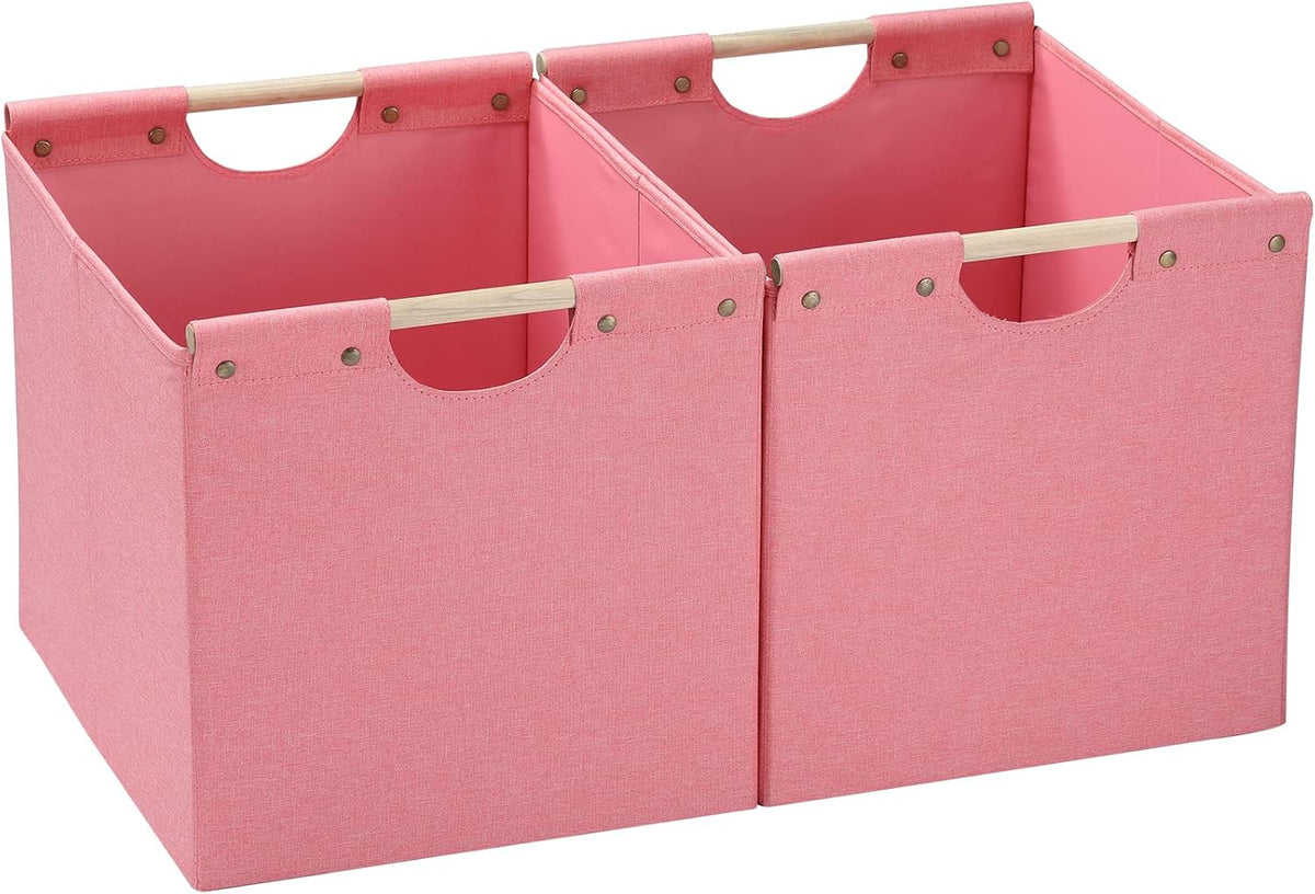 HOONEX Large Collapsible Storage Bins, Linen Fabric, Pack of 2, Storage Baskets with Wooden Carry Handles and Sturdy Heavy Cardboard, for Home, Office, Car, Nursery, Black