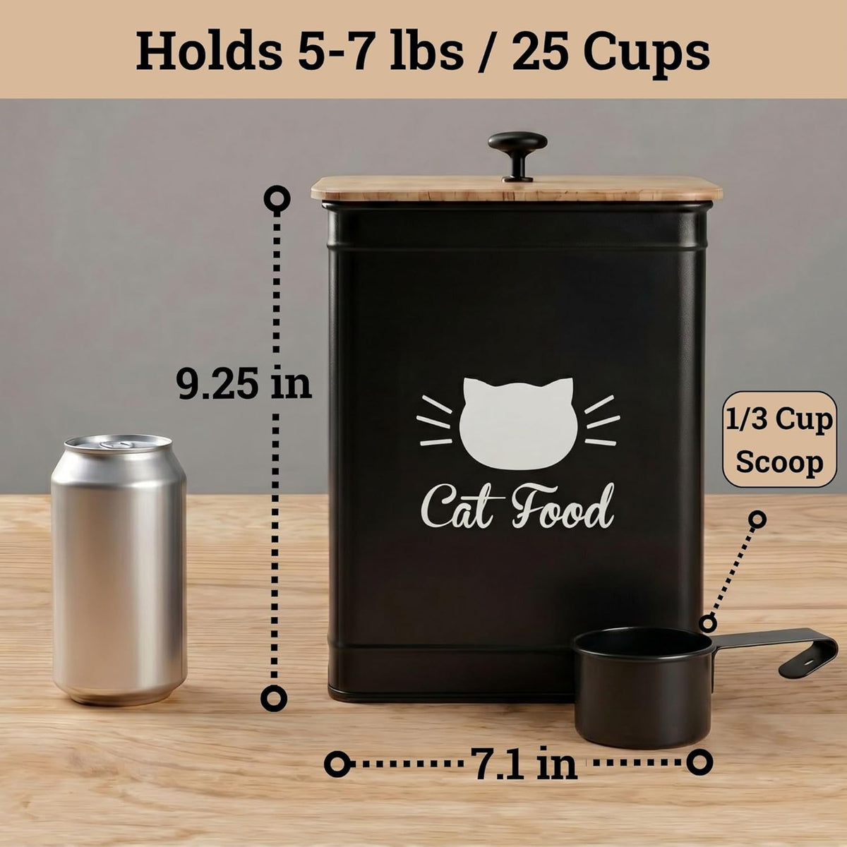 Cat Food Storage Container with Scoop - 5-7 lb (25 Cup) Capacity Metal Cat Food Container with Airtight Bamboo Lid and Metal Scoop - Airtight Pet Food Storage Containers 5 lb - 7 lb Kibble Container