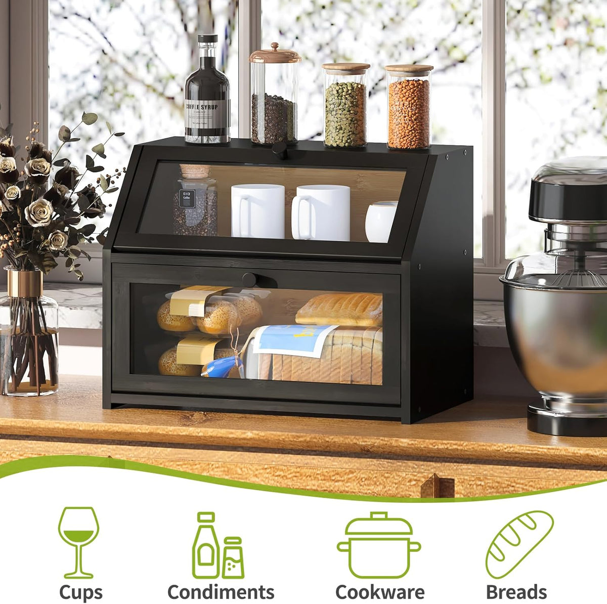 BMOSU Farmhouse Bread Box for Kitchen Countertop Bread box Double Layer Bamboo Wooden Extra Large Capacity Bin Kitchen Food Storage Container(Natural)