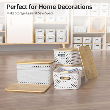 Plastic Storage Bins with Bamboo Lids, Stackable Small Box Baskets for Organizing and Containers for Shelves Drawers Desktop Closet Pantry Classroom Office Home, 6 Pack 10.2x7.2x4.1 Inch, Black