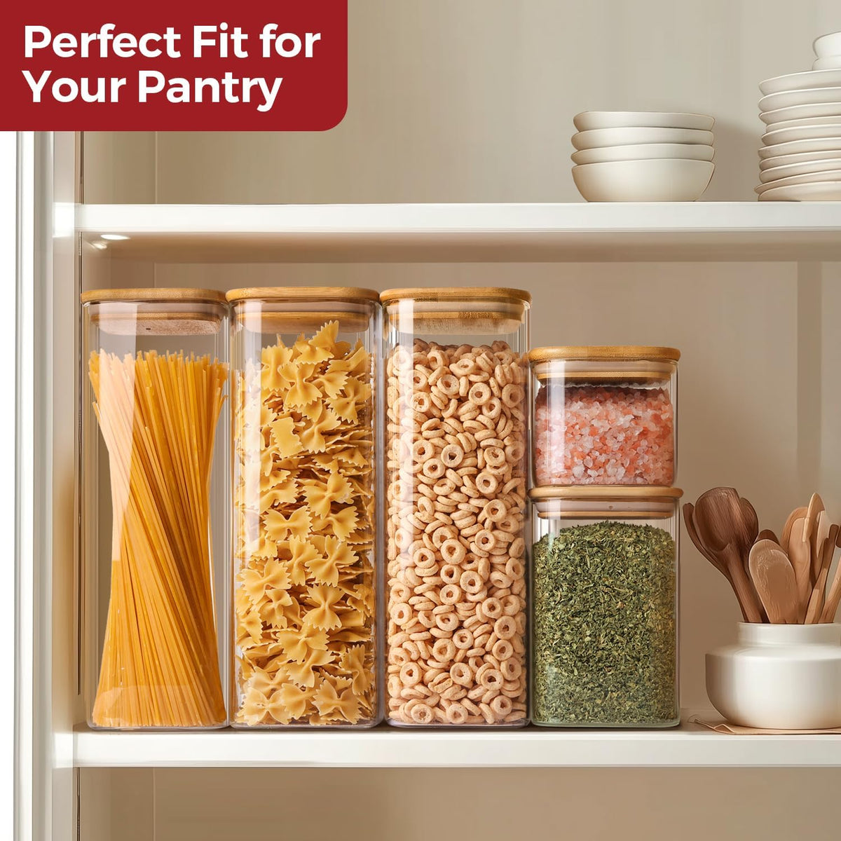 1Qt Airtight Glass Canisters with Bamboo Lid, Square Pantry Storage Containers for Coffee, Cookie, Candy, Snack, Nuts, Dry Goods - Kitchen & Pantry Organizers and Storage Containers