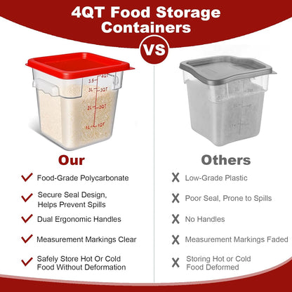 4 Pack 4QT Food Storage Containers with Green Lids, Clear Square Restaurant Commercial Food Storage Containers with Handle and Scale, Marinating Container Dough Rising Bucket for Home & Dining
