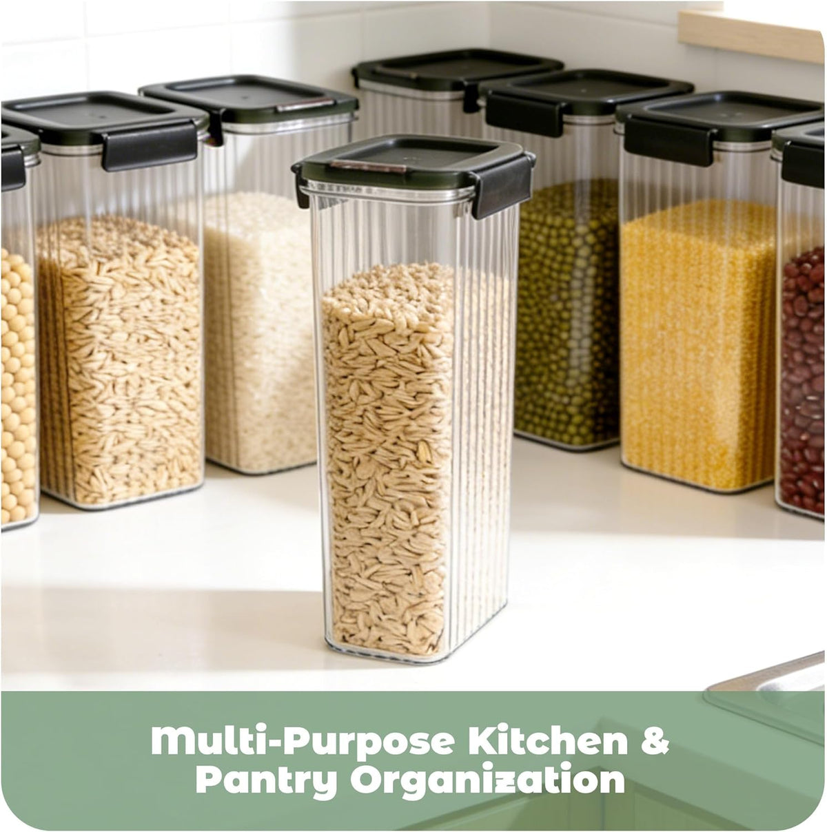Spaghetti Pasta Storage Containers with Easy-Seal Lid 74oz Set of 3, Airtight Sqaure Food Storage Jar for Noodles, Flour, Oats, Cereal - Multi-Purpose Kitchen & Pantry Organization