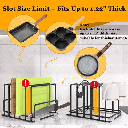 Cutting Board Organizer Rack with 7 Compartments, Heavy-Duty Iron Pan and Baking Sheet Organizer, Kitchen Cabinet Storage Rack with Non-Slip Base, Space-Saving Pot Lid Holder for Countertop & Pantry