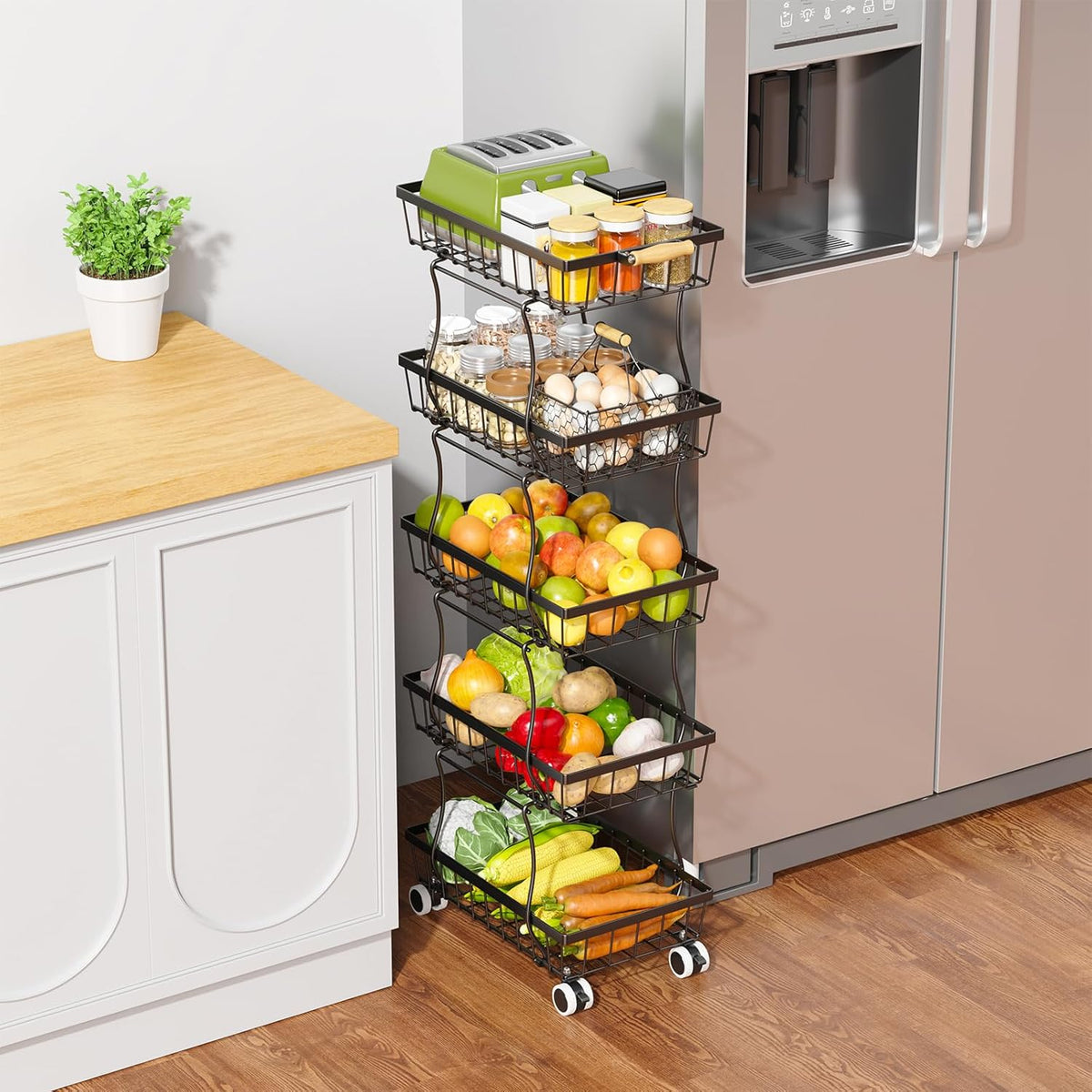 CHLORYARD 4 Tier Slim Fruit Basket for Kitchen, Stackable Metal Wire Fruit Vegetable Storage Baskets Organizer Stand on Wheels, Produce Basket Potato Onion Storage Bins Rack for Pantry. (Black)