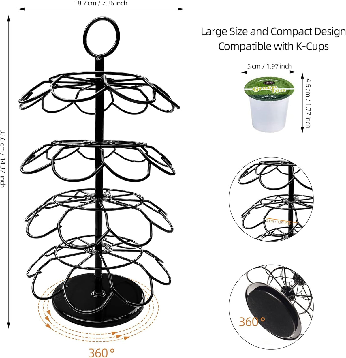 ROWISE K-Cup Pod Carousel Holder and Organizer for 36 Pods - Spins 360 Degrees, Detachable, Modern Metal Design in Black for Home and Office Counters