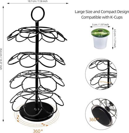 ROWISE K-Cup Pod Carousel Holder and Organizer for 36 Pods - Spins 360 Degrees, Detachable, Modern Metal Design in Black for Home and Office Counters
