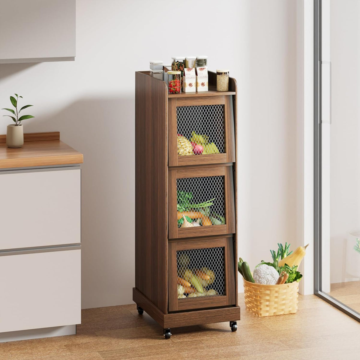 4 Tier Narrow Potato Storage Bin, Tall Wood Potato and Onion Storage Bin with Wheel, Movable Fruit and Vegetable Basket, Food Small Kitchen Pantry Cabinet, Wooden Bread Box, Walnut, Sliding Door