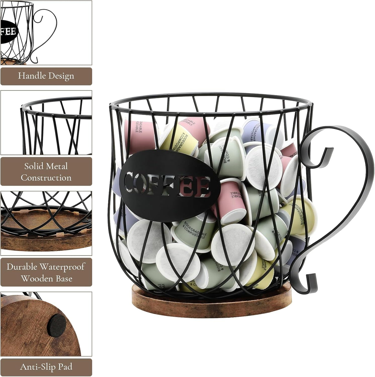 Coffee Pod Holder Organizer,Large Capacity K Cup Holder Organizer, Storage Basket for Kitchen Countertop Office Coffee Bar with Wooden Base(Rustic Brown-Square)