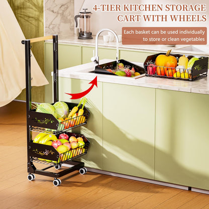 Heavy 4-Tier Snack Cart with Wheels ，Removable Rolling Pantry Floor Organizers ，Upgraded Wider and Thicker, Kitchen Fruit Basket Stand and Storage Rack for Fruit Snack Onion Potato