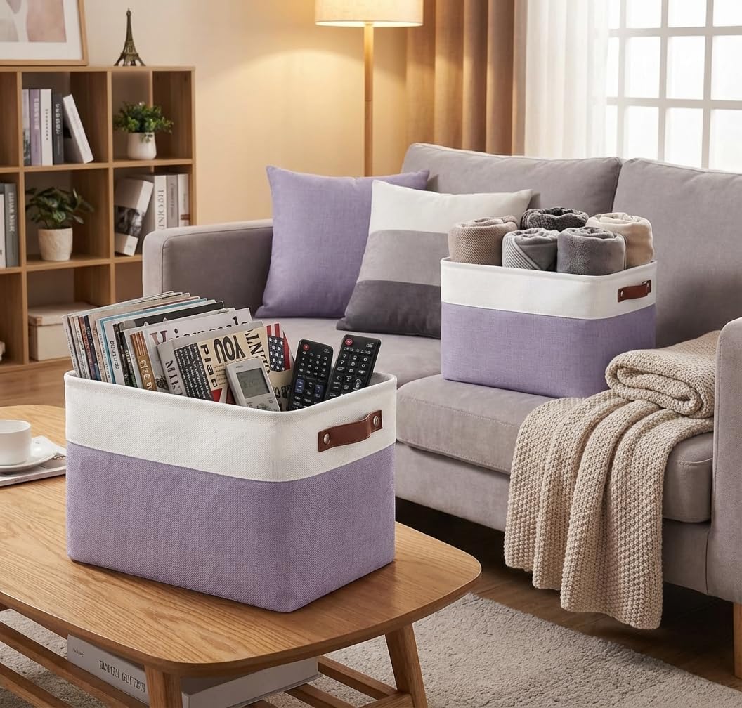Univivi 4PC Small Fabric Storage Bins,15x6x5 inch Long Narrow Storage Baskets with PU Handles for Closet,Cabinet,Countertop Organizing Small Items (Gray,15x6x5 inch)