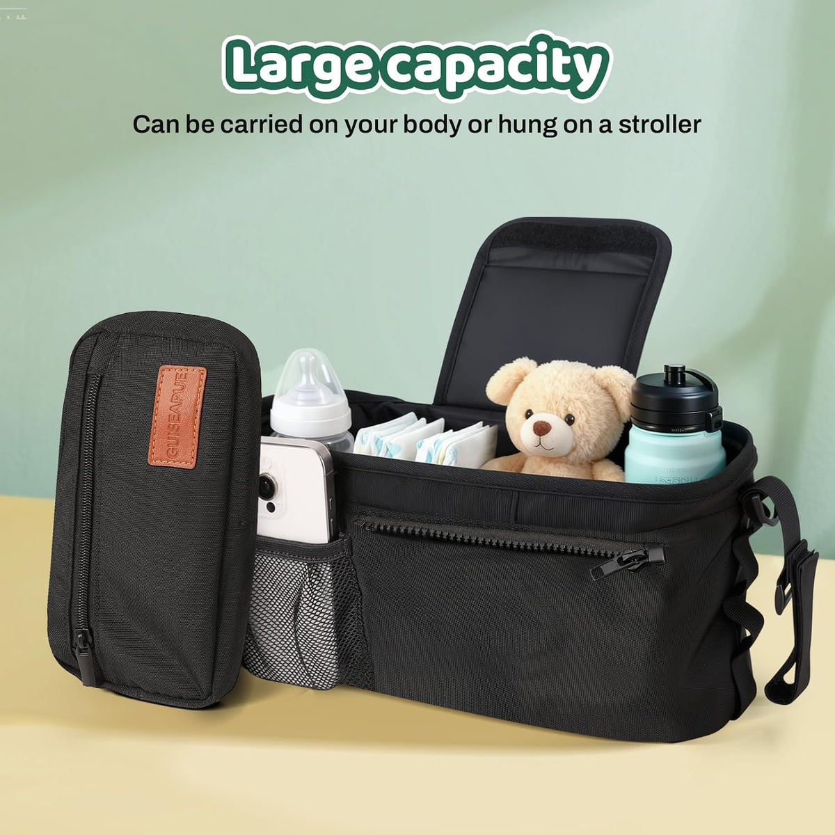 Guiseapue Universal Stroller Organizer with Cup Holder: Baby Essentials, Stroller Caddy Accessories with Detachable Phone Bag, Non-Slip Straps, Fits for Uppababy, Baby Jogger, New Moms Baby Gifts