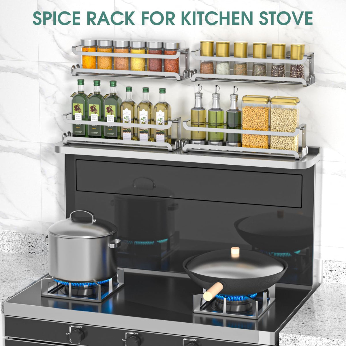 LUCYCAZ Wall Mounted Spice Rack with 8 Hooks, Spice Organizer Shelf for Stove Cabinet Pantry Door,Screw or Adhesive Spice Shelf Hanging Wall Spice Rack in Kitchen and RV (Black)